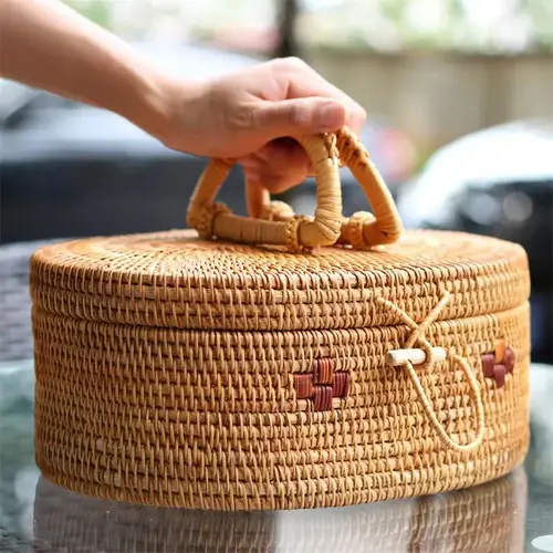 Handwoven Rattan Storage Box with Handle Wicker Ornament Box Tea Set Container Picnic Bread Fruit Cake Basket Kitchen Organizer - Image 4