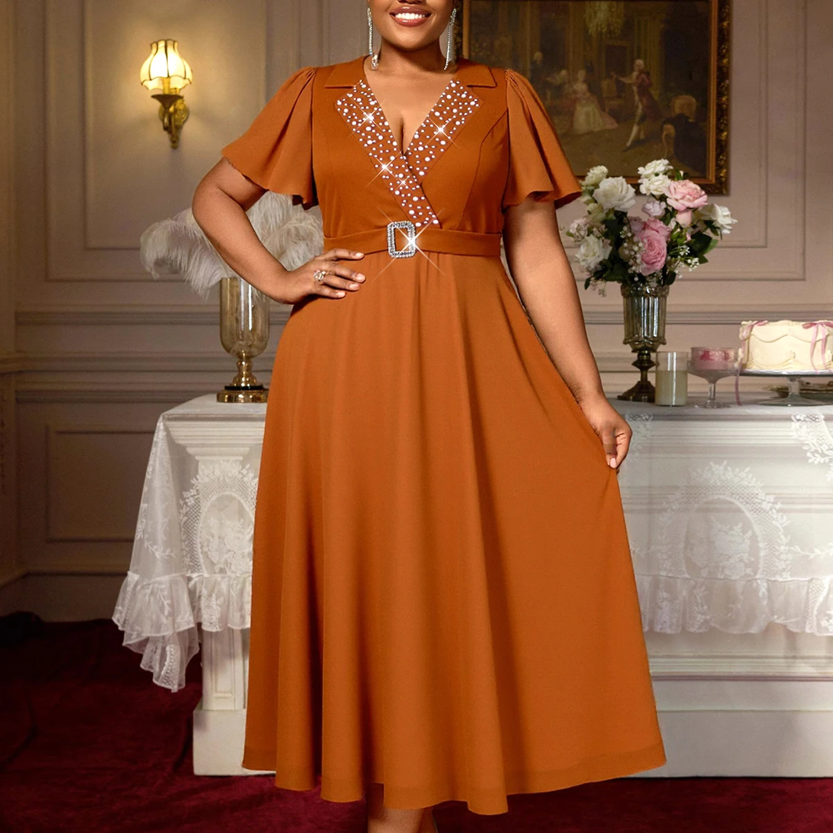 A Line Plus Size Dress with Short Sleeves Beaded Lapel and Waist
