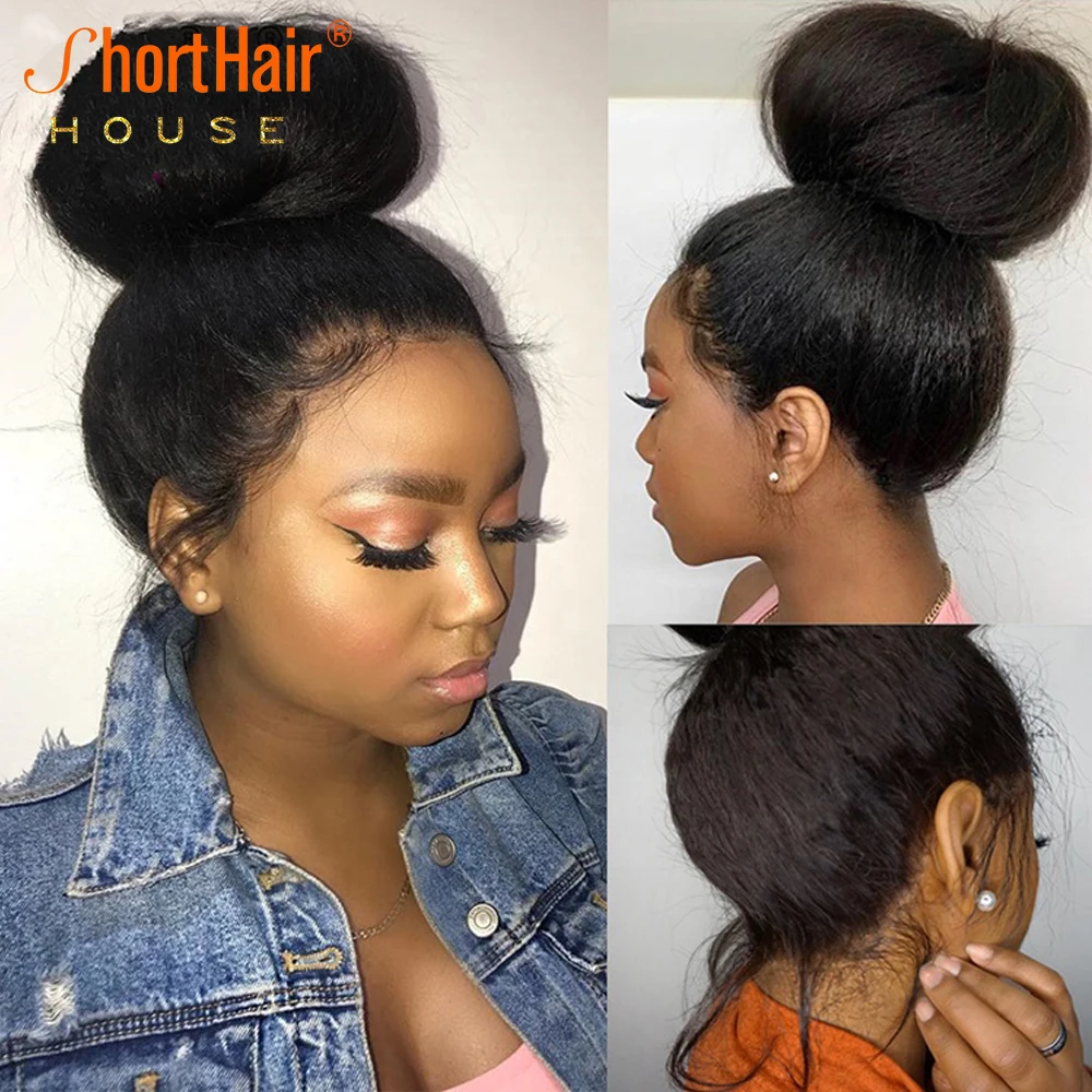 Brown Kinky Straight Wigs Human Hair Wigs Invisible Strap 360 Glueless Wear And Go Wig HD Lace Yaki Straight Closure Wig
