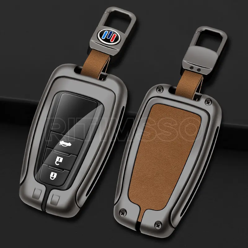 Metal Leather Car Key Case Cover Shell For Toyota Prius Camry Corolla CHR C HR RAV4 Land Cruiser