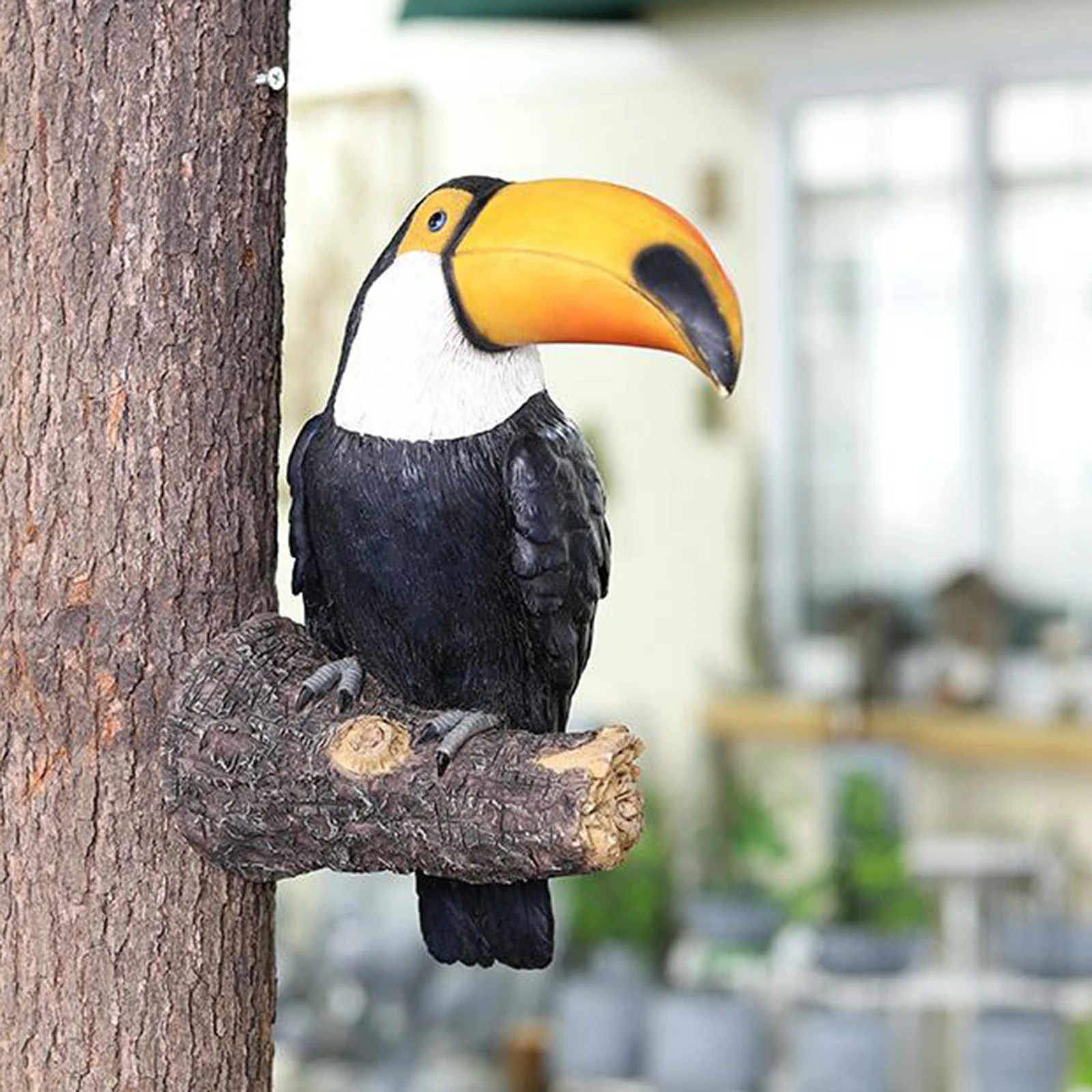 Resin Toucan on Stump Figurine Tree Hugger Statue Model Garden Scene Decor Colorful, Vivid Parrot Design