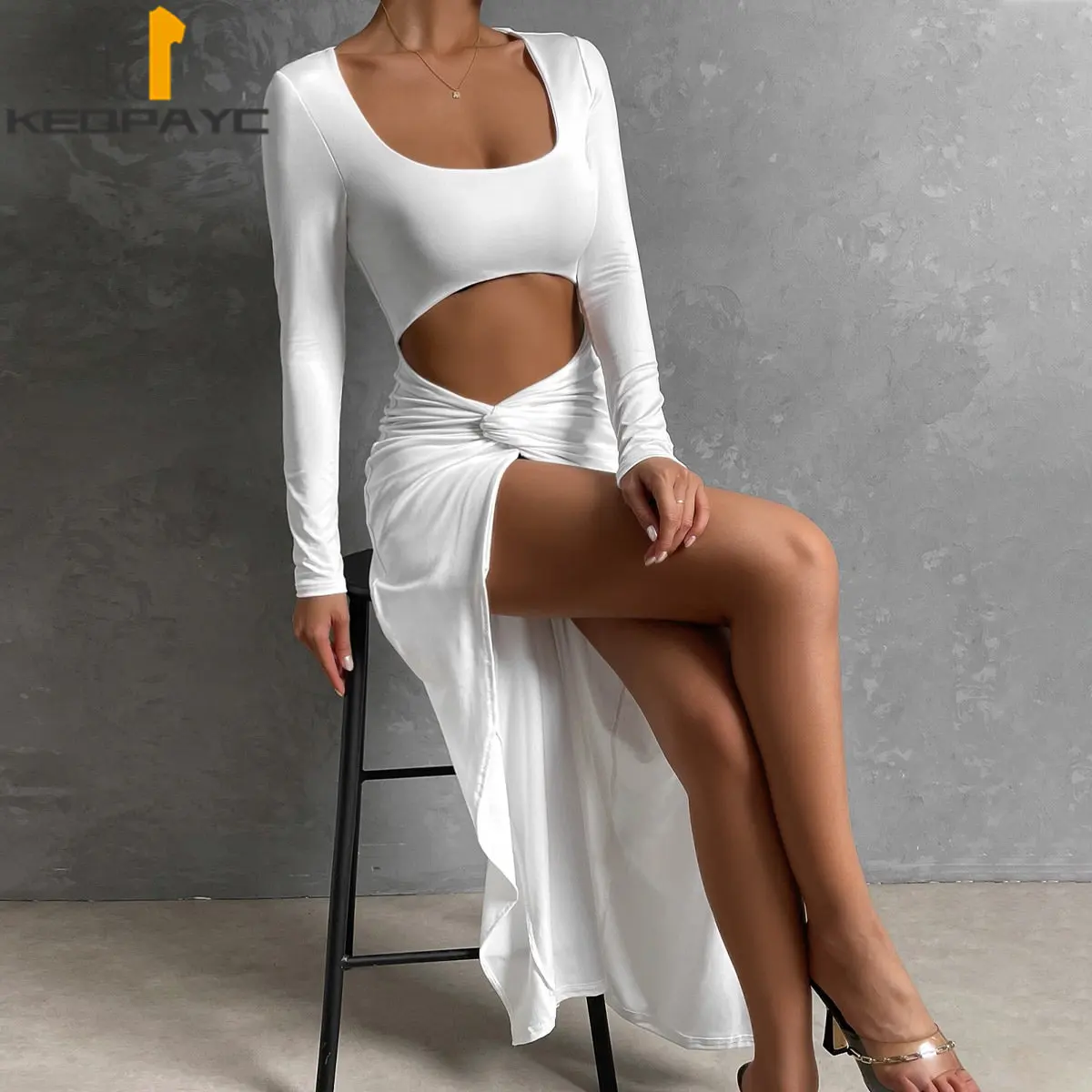 

Spring Summer Women's Dress New 2023 Women Sexy Solid Square Neck Hollow Out Long Sleeve Split Dresses Ladies Fashion Clothes