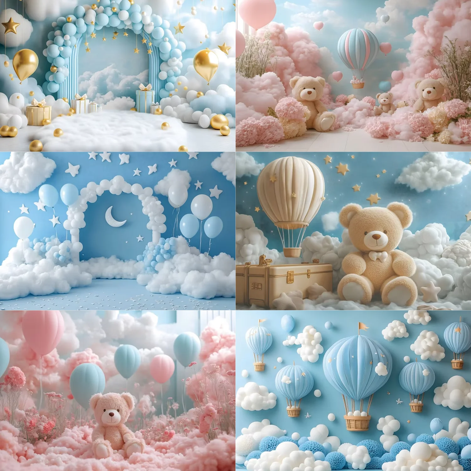 Party Supplies Birthday Backdrop Party Decoration Party Backdrop Curtain Cute Teddy Bears Soft Clouds Theme Background for Newborn Baby Birthday Party Blue Sky Hot Air Balloon Kids Cake Gift