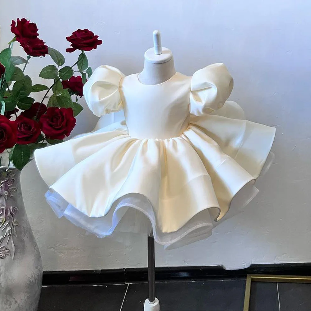 Robes de demoiselle d'honneur en satin beige, manches courtes bouffantes, col rond, anniversaire d'enfant, gril pour mariage, robe de Rh, robe de soirée formelle pour bébé, mini