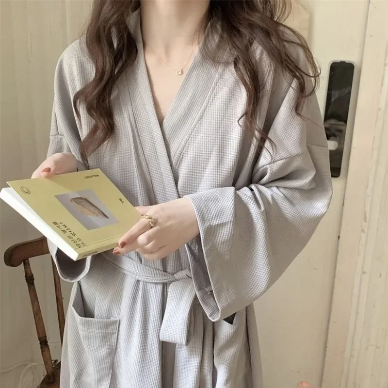 Solid Color Robe Pajamas Women's Spring and Fall New Fashion Simple Loose Sleepwear Bathrobe Nightgown Leisure Home Wear New