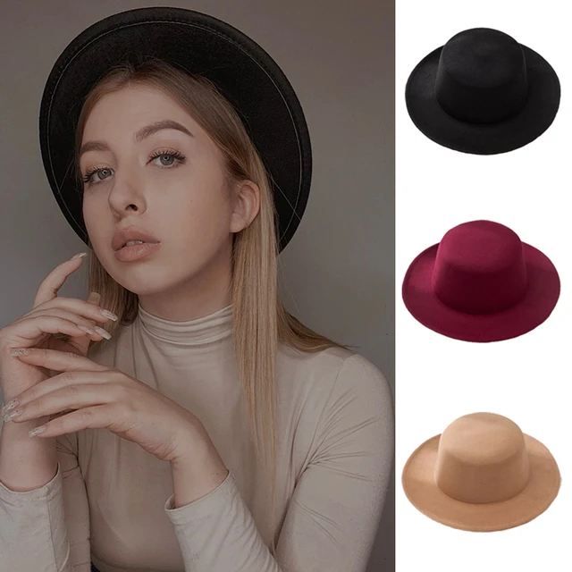 Autumn Winter Elegant Women Flat Top Fedoras Hat Wide Brim Jazz Cap Classic  Bowler Gambler Top Hat Ladies Girls Party Cap - AliExpress