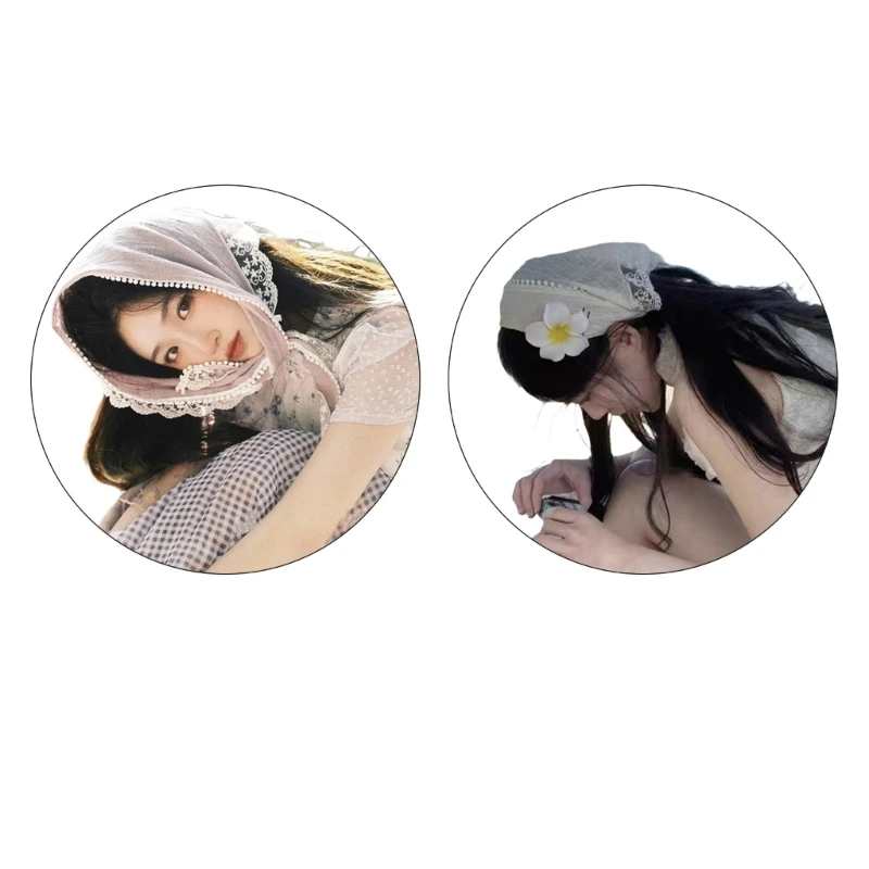 Elegant Sheer Lace Trim Hair Kerchief Eye Catching Hairband Tie Back Headwrap