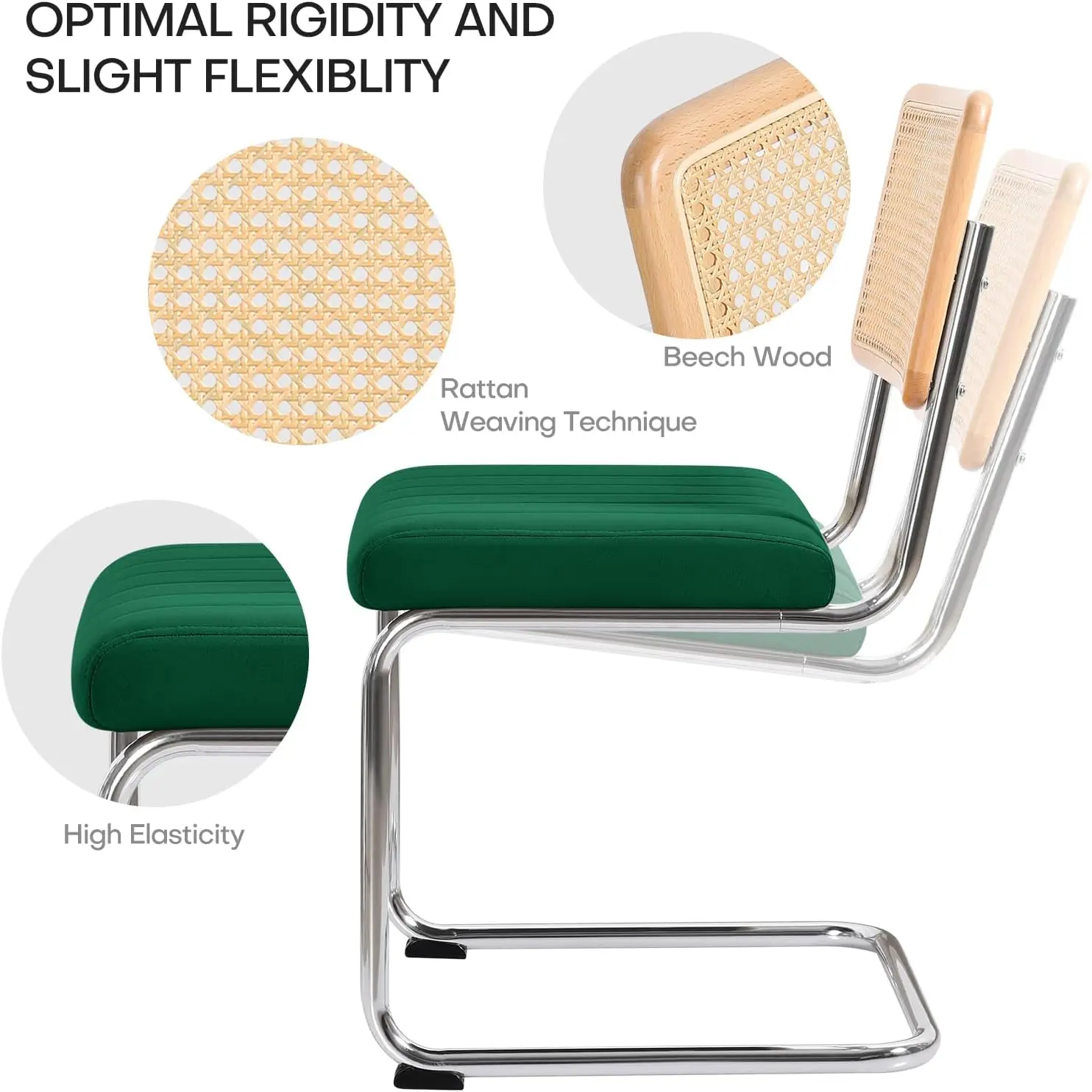 Mid Century Modern Dining Chairs Set of 2. Rattan. Cane Back. Metal Legs. Velvet Upholstered. Armless. Green.