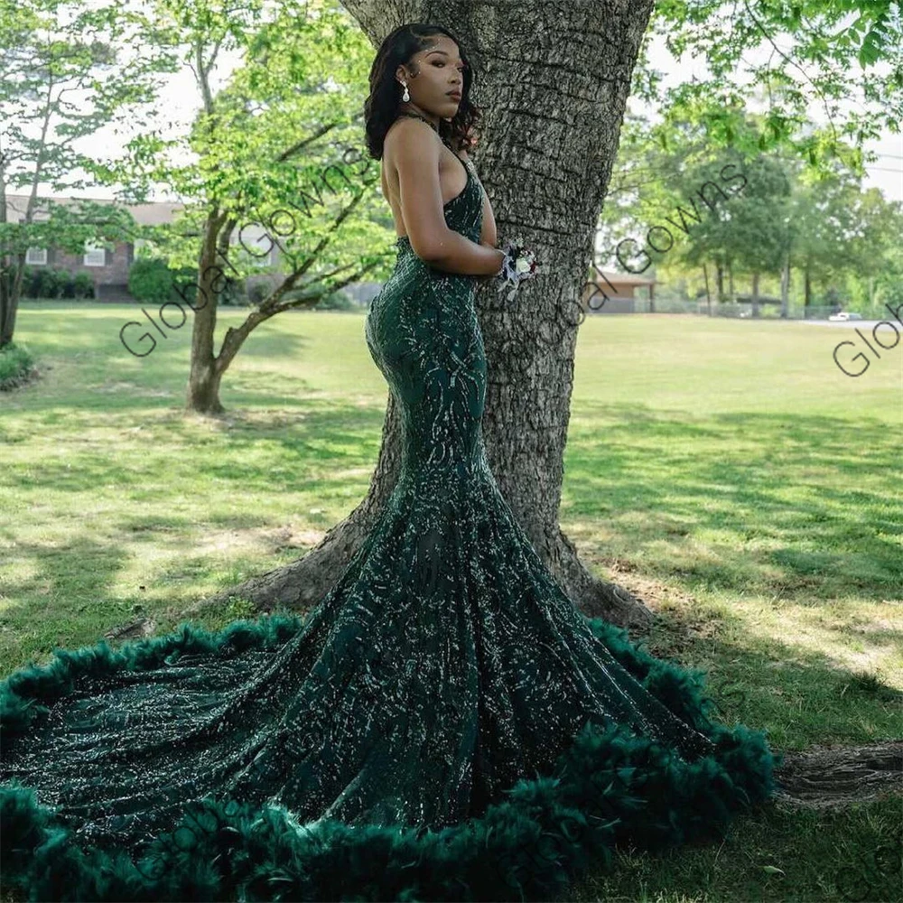 Green Halter Long Prom Dresses Black Girls 2024 Feathers Sequin