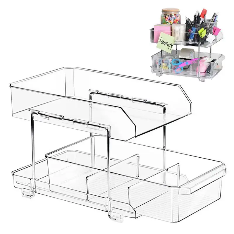 

Under The Sink Organizer Pull Out 2-Tier Organizer Drawers Clear Slide Out Cabinet & Countertop & Pantry Organization With