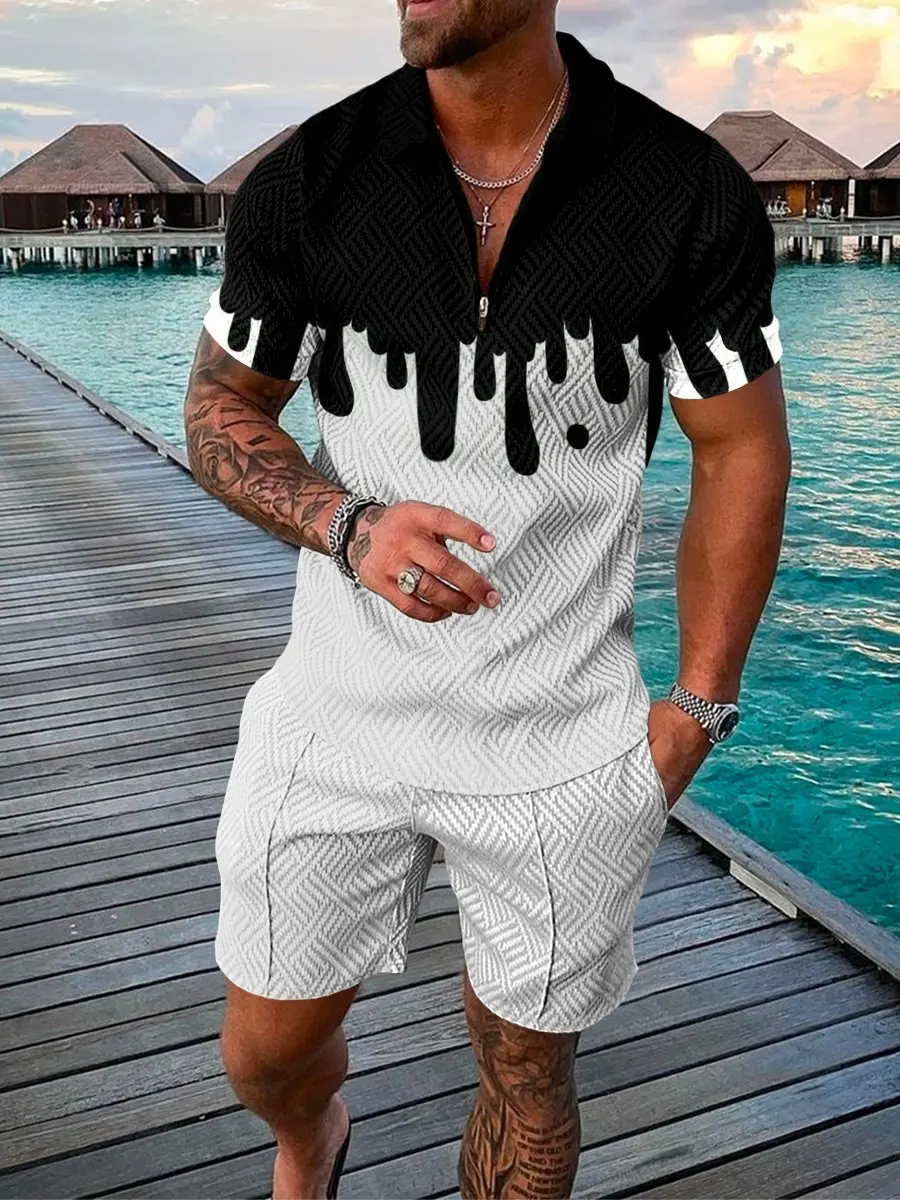 Men's Street Suit 3D Digital Printing Short Sleeve Polo Shirt + Shorts Suit Summer Handsome Harajuku Sports New Men's Clothing