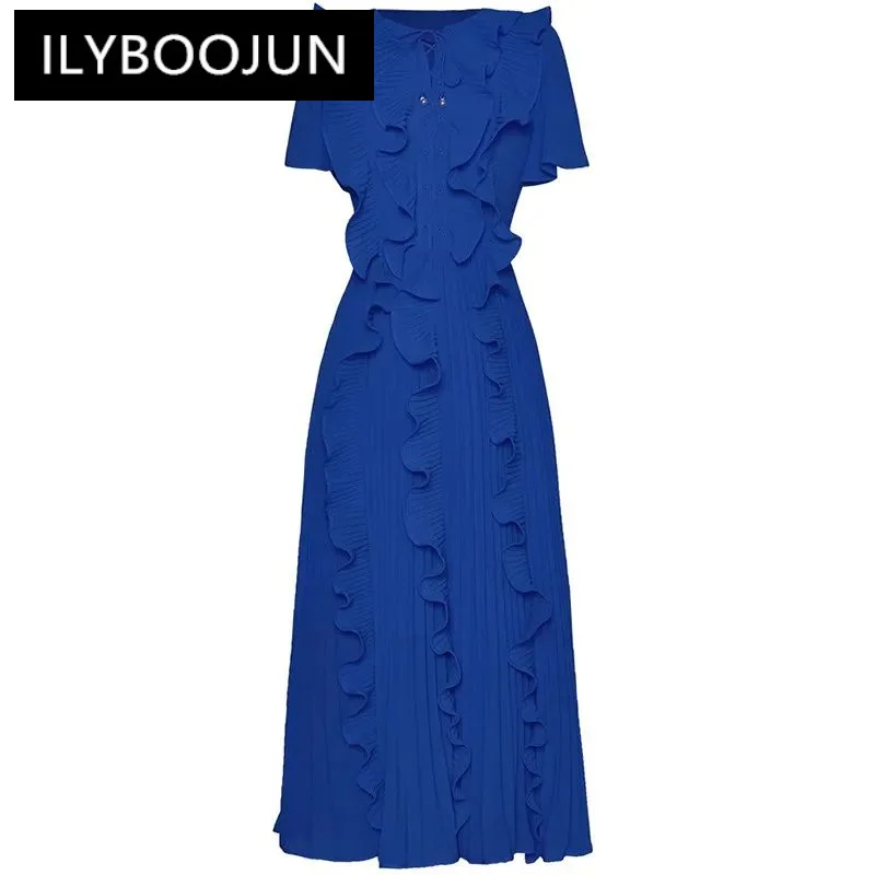 

ILYBOOJUN Fashion Women's New Short Sleeved Lace-Up Flounced Edge Elegant Shaggy Pleated Dress Vintage Bohemian MIDI Derss