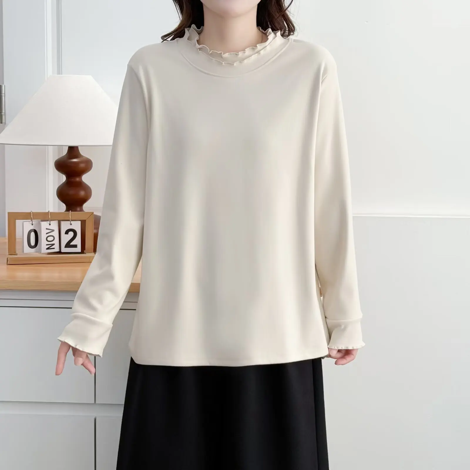 XXXXL Fashion Plus Size Women's T-Shirt Autumn Winter Stylish Double Ruffled Collar Long Sleeve DE Velvet Warm Base Tops 2587