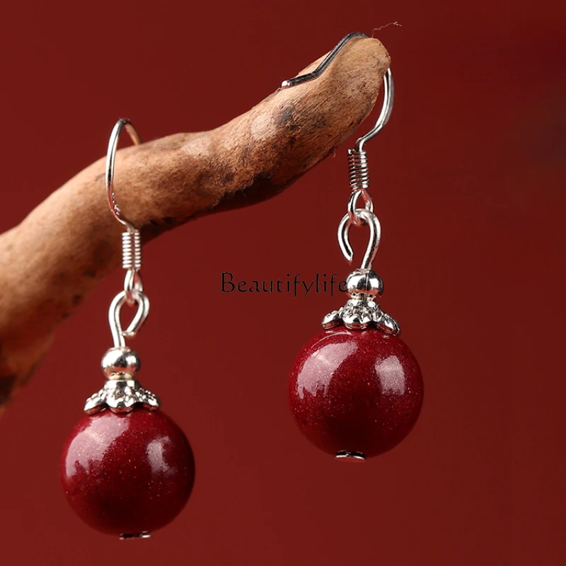 

Natural Cinnabar Ear Studs Light Luxury Sterling Silver Happy Zodiac Year of Birth Bean Purple Gold Sand Rough Stone Earrings