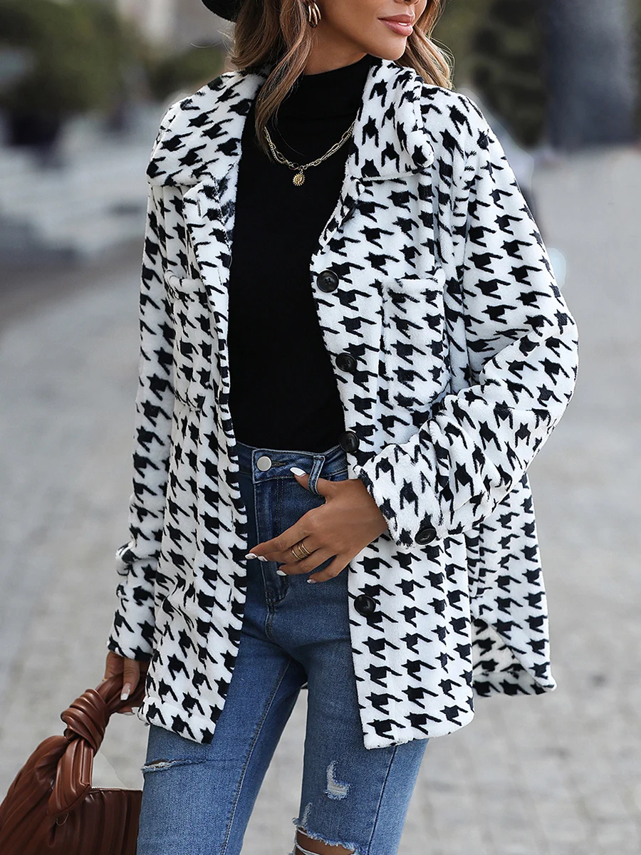 

Women's Flannel Jacket Casual Long Sleeve Buttoned Houndstooth Sleeveless Oversized Houndstooth Coat White Coat