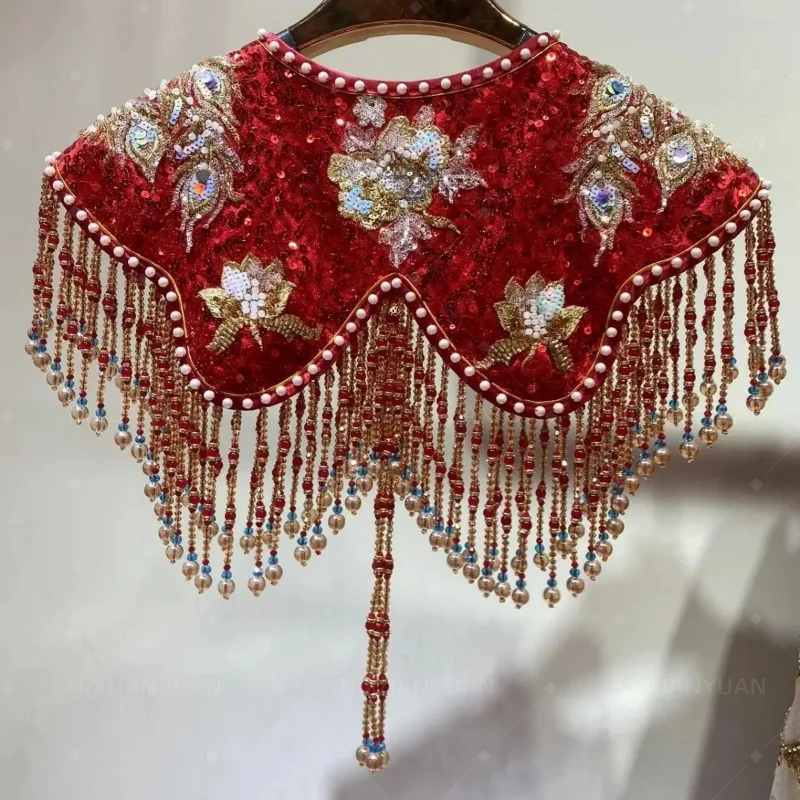 Chinese Xiuhe Tassel Shawl Bride Red Wedding Rhinestone Wedding Accessories Gold Empty Embroidered Lace Chain Fringed Shawl