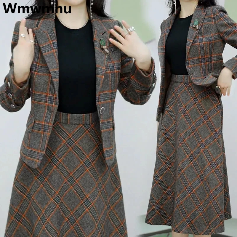 Elegant Plaid Skirts 2 Piece Set Slim Blazer Jacket + A-line Vintage Skirt Korean Chic Tracksuit Spring Fall New Women Ensembles design cotton lined lace up two piece set fashion elegant short sleeve blouse ensembles baggy wide leg capris pants conjuntos