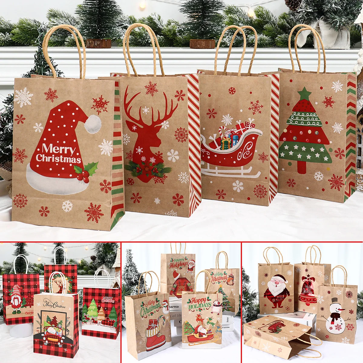 

4pcs Christmas Kraft Paper Gift Bags Christmas New Year Candy Baking Biscuit Cookies Gift Tote Bag Festival New Year Storage Bag