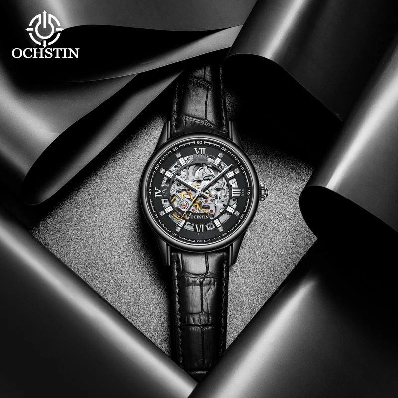 Gift New Fashion Men Sports Mechanical Watches Male Luxury Leather Strap Black Dial Automatic Military Wristwatch OCHSTIN