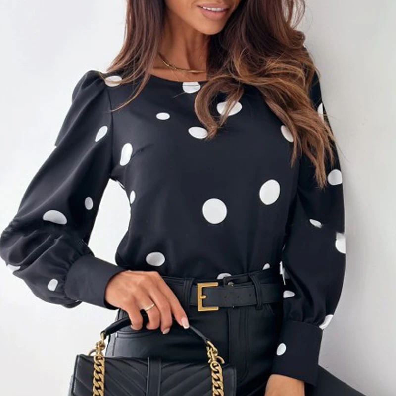 

Elegant Crew Neck Office Ladies Blouse Spring Polka Dot Print Women Tops Pullover New Autumn Long Sleeve Loose Streetwear Shirts