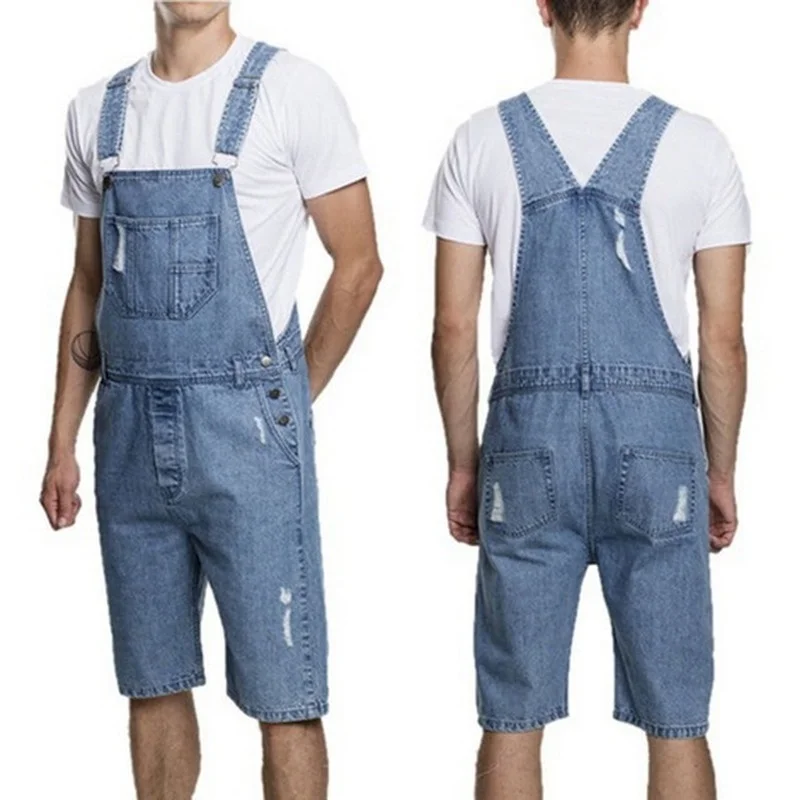 New Vintage Mens Jeans Hole Shorts One-piece Overalls Suspenders Summer Fashion Trend Streetwear Male Denim Jumpsuits цена и фото