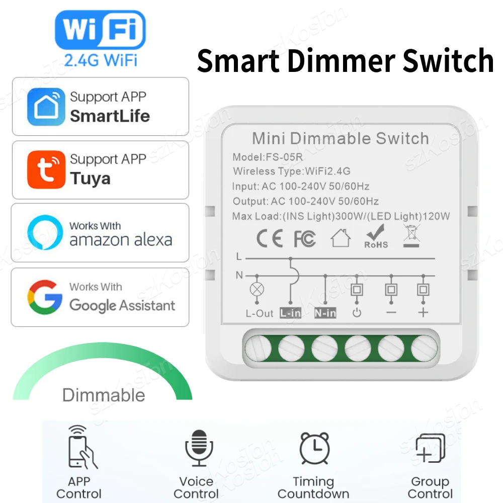 Tuya WiFi Smart Dimmer Switch Module 2 Way Control Dimmable Timer Smart Life App Wireless Remote Control Works With Alexa Google