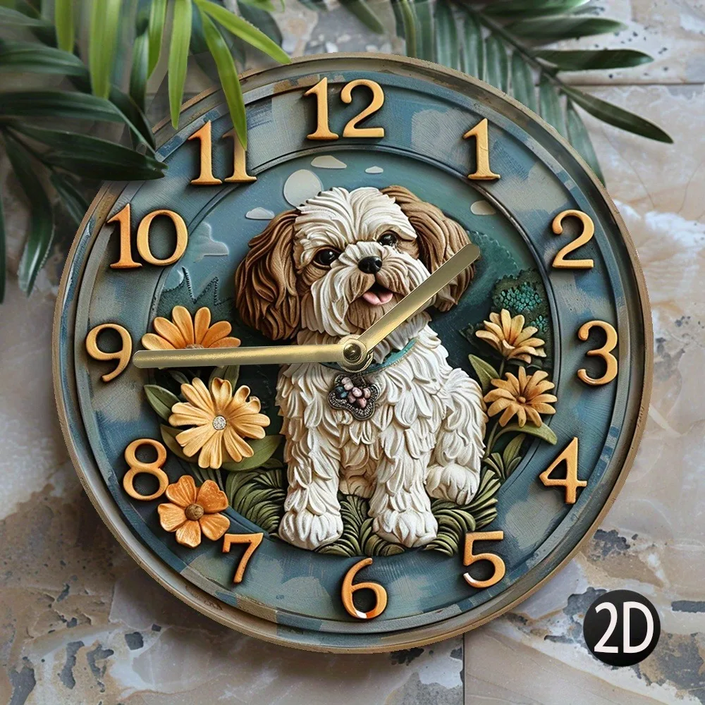 Wooden wall clock with cute Shih Tzu and flower design, perfect for home decor. Runs on AA batteries 2