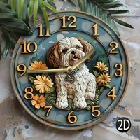 Wooden wall clock with cute Shih Tzu and flower design, perfect for home decor. Runs on AA batteries 2