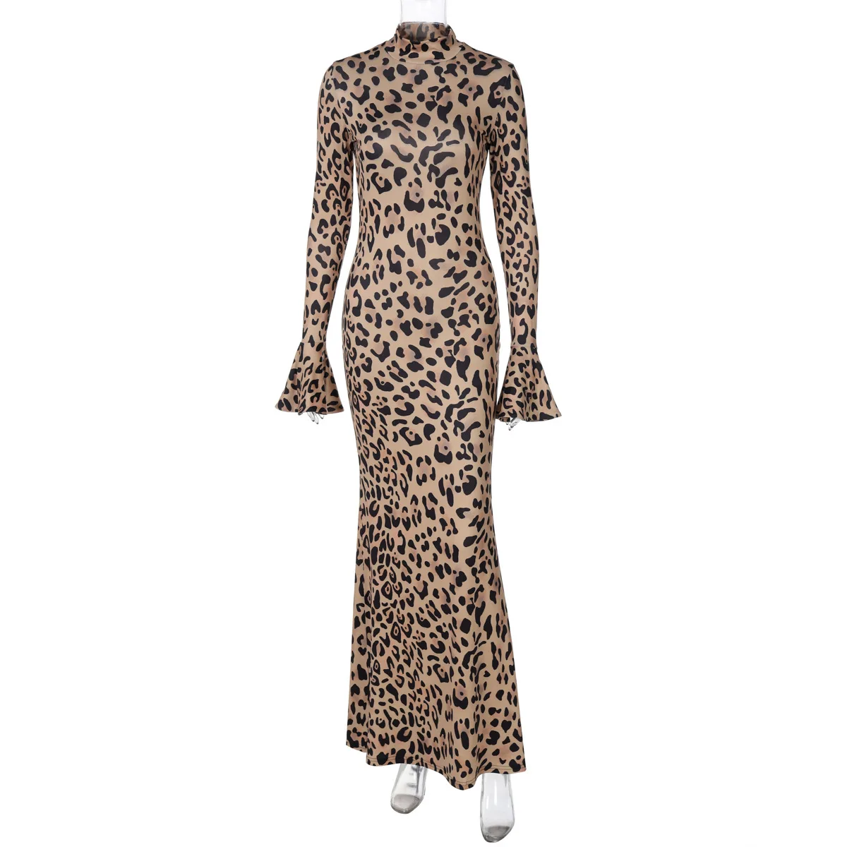 Leopard Printed Slim Long Dress Female Fashion Patchwork Contrast Elegant Long Sleeve Party Dress For Women Autumn Dress