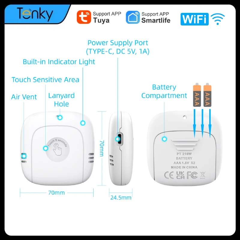 Tuya Wifi Temperature And Humidity Sensor Type-C Recharge Indoor And Outdoor Wifi Temperature Sensor Smart Home Assistant indoor temperature