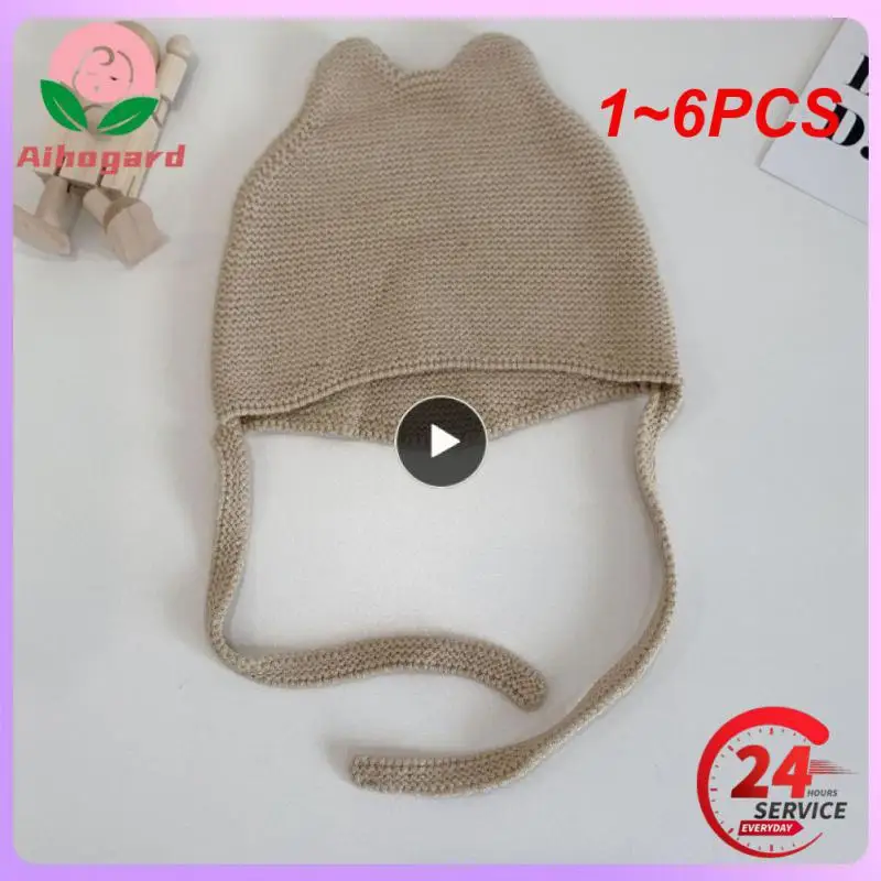 

1~6PCS Cute Bear Crochet Baby Hat Soft Pompom Infant Boys Beanie Solid Winter Kids Knitted Warm Ear Protection Bonnet