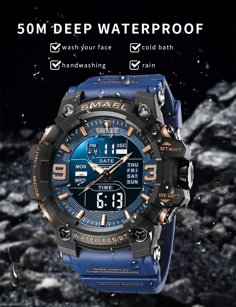 SMAEL 8049 TOP Luxury Watches Men Dual Display Watch 50M Waterproof Sport Wristwatch Mens Military Clock Male Relogio Masculino