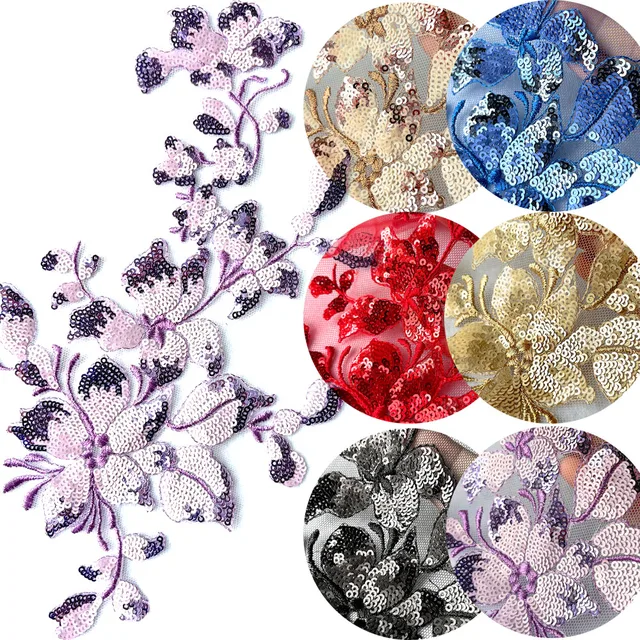 2 Paia Toppe In Pizzo Con Paillettes Specchiate - Motivo Fiore Per Abiti Da Sposa E Serata - Foto 8