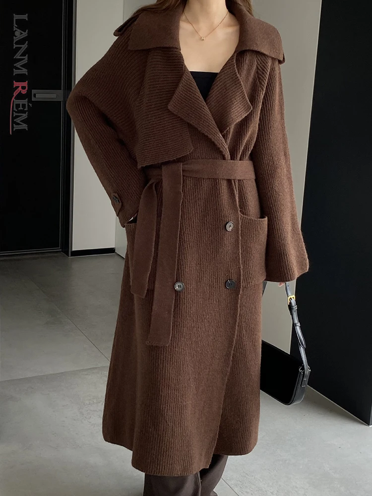 

LANMREM Fashion Solid Color Knitted Long Coat Women Lapel Belt Double Breasted Loose Clothing Female 2023 Winter New 2AA3113