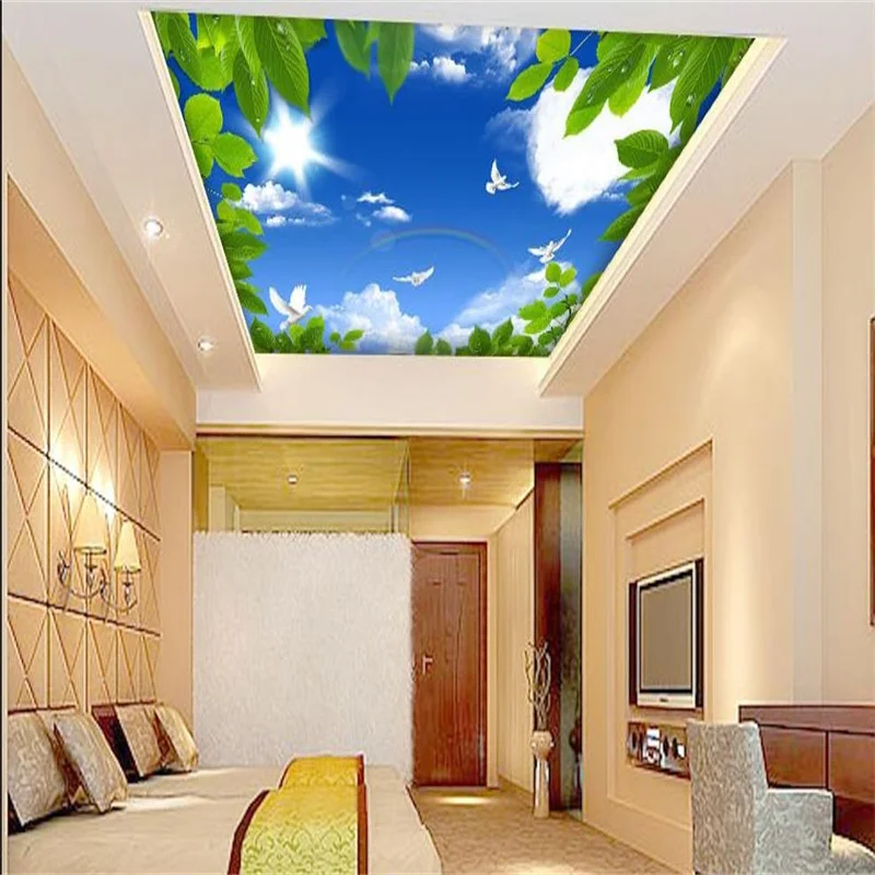 2022 Custom 3d Ceiling Murals Wallpaper Blue sky green leaves 3d Wallpaper For Living Room Stereoscopic Murals