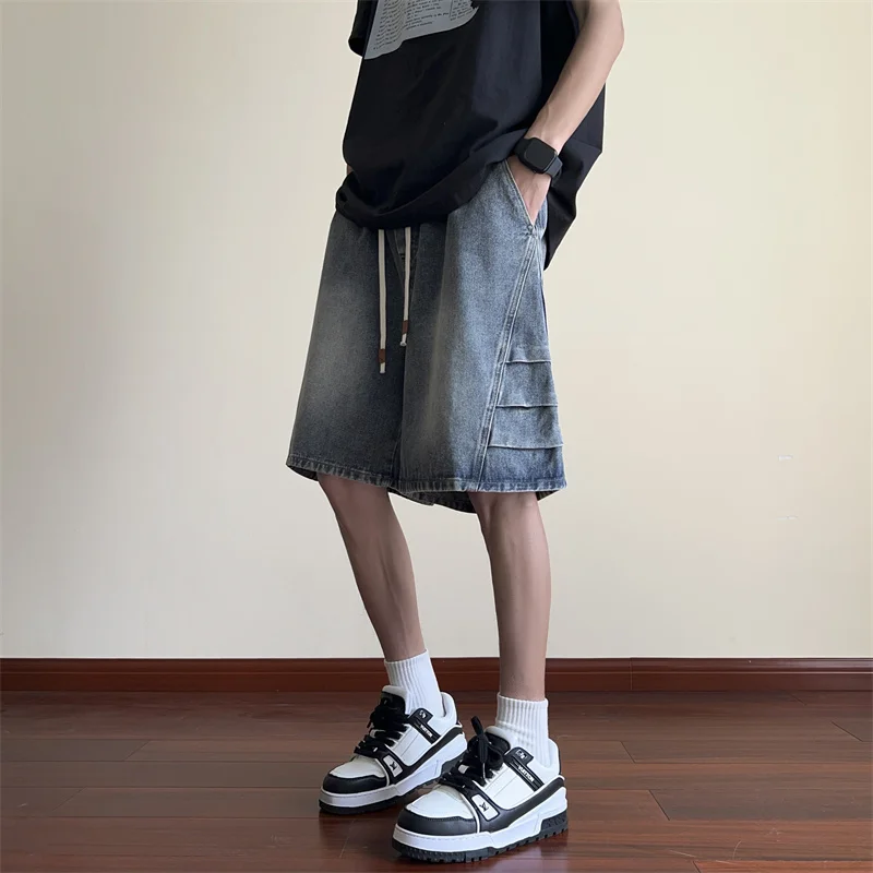 Summer Fashion Blue Denim Pants Shorts Men's Straight Casual Ins Youth All-match Fifth Pants Elastic Waist Chic Short