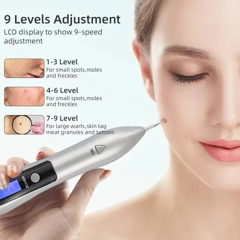 9 Level LCD Face Skin Dark Spot Remover Mole Tattoo Removal Laser Plasma Pen Machine Facial Freckle Tag Wart Removal Portable