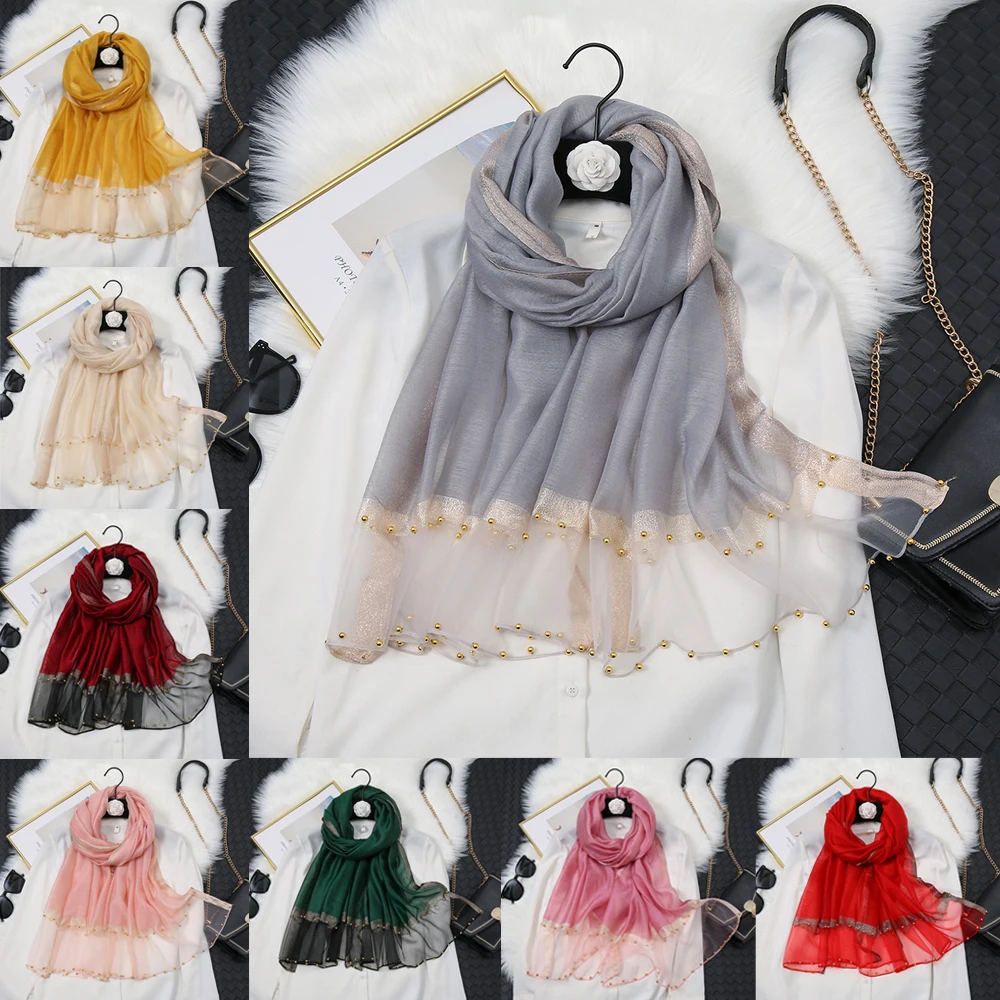 New 2022 Silk Scarf Women Spring And Summer Water Ripple Gold Line Solid Long Scarf Female Shawl Hair Scarf Hijab Scarf 190X70Cm