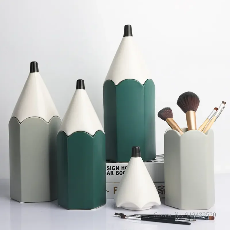 

Creative Pencil Shape Children's Room Decoration Fun Home Living Room Study Decor Ceramic Geometric Pen Holder Storage Decor 1Pc