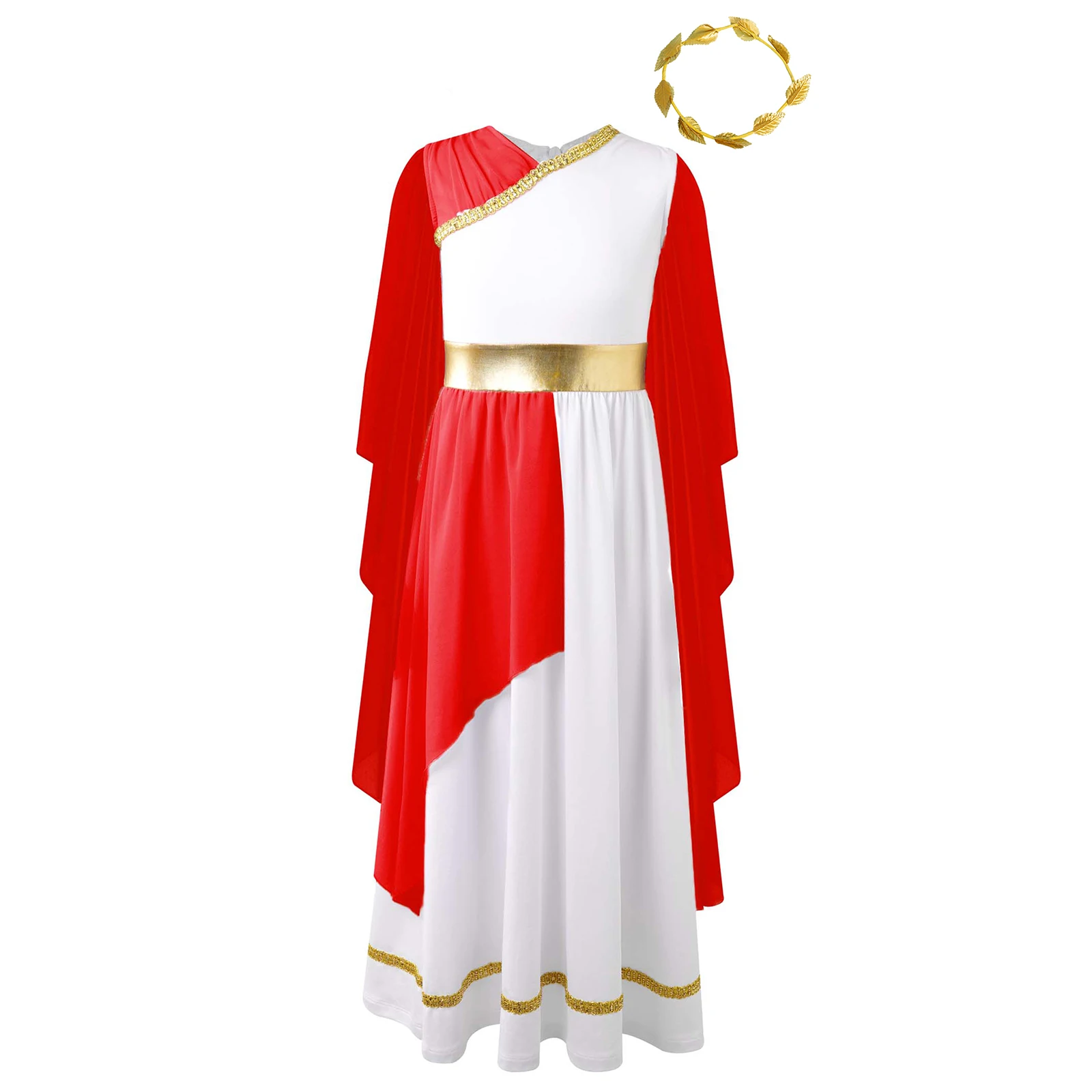 Kids Girls Halloween Ancient Greek Costume Chiffon Cap Sleeve Color Patchwork Gold Belt Dress with Gold Leaves Garland Head Wear 2