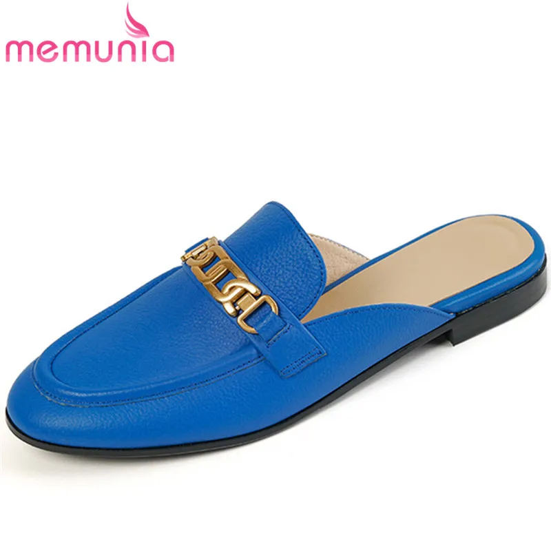

MEMUNIA 2022 New Solid Metal Decoration Square Low Heels Shoes Mules Genuine Leather Slippers Woman Summer Ladies Slippers