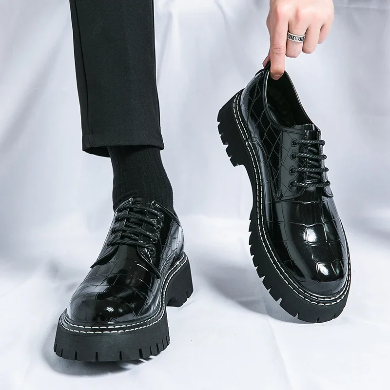 Men Shoes Lace-up Round Toe Stone Pattern Dress Shoes Size 38-46