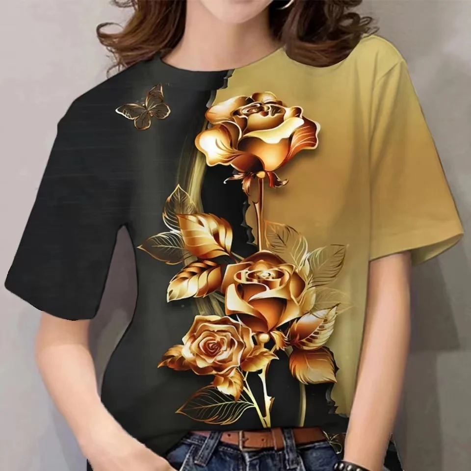 

Luxury Women's T Shirt Floral Print Harajuku Clothes O-neck Casual Short Sleeve Tee Trend Y2k Blouse Oversized Top Free Shipping