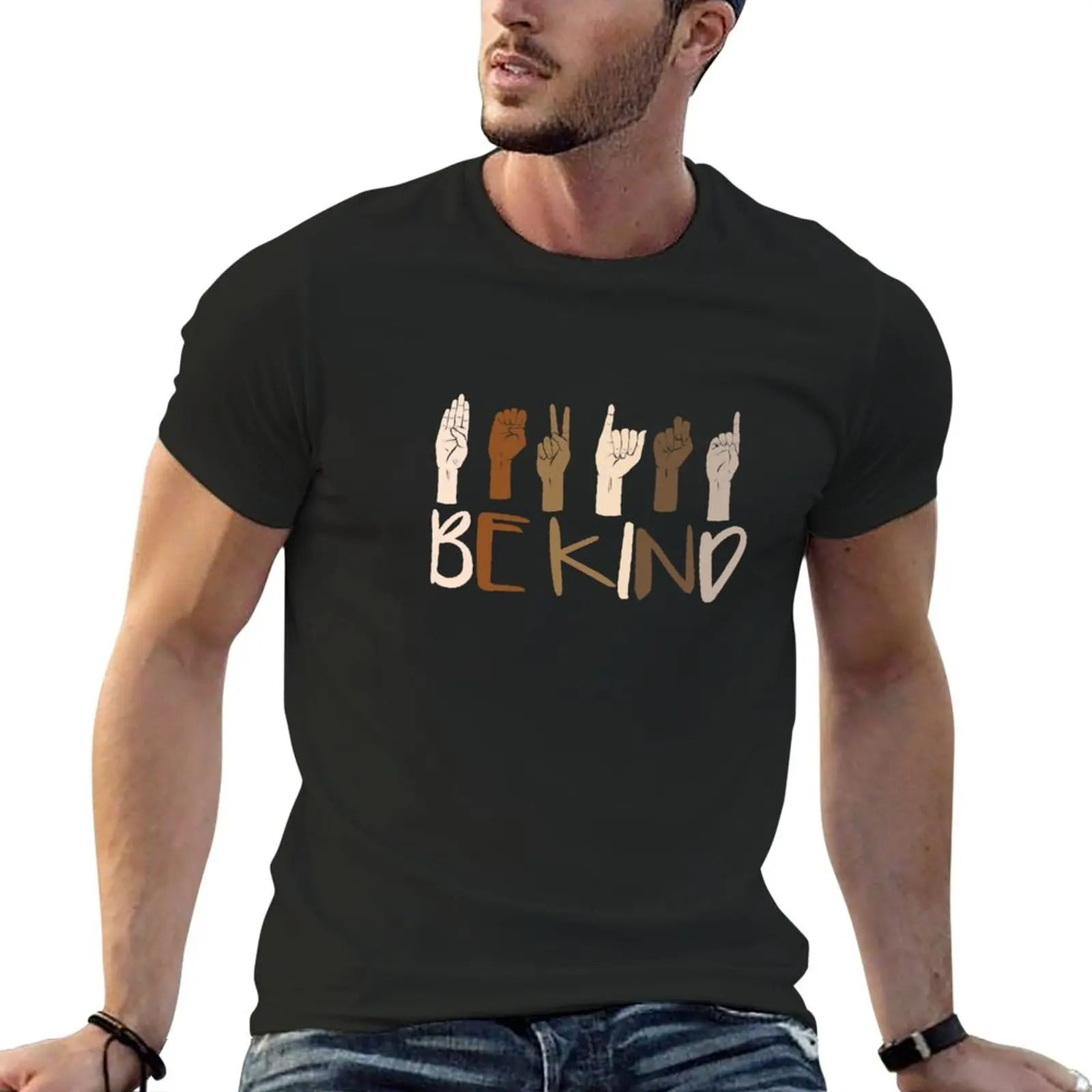 

New Be Kind Hand Sign Language Teachers Melanin Interpreter ASL T-Shirt custom t shirt black t-shirts for men