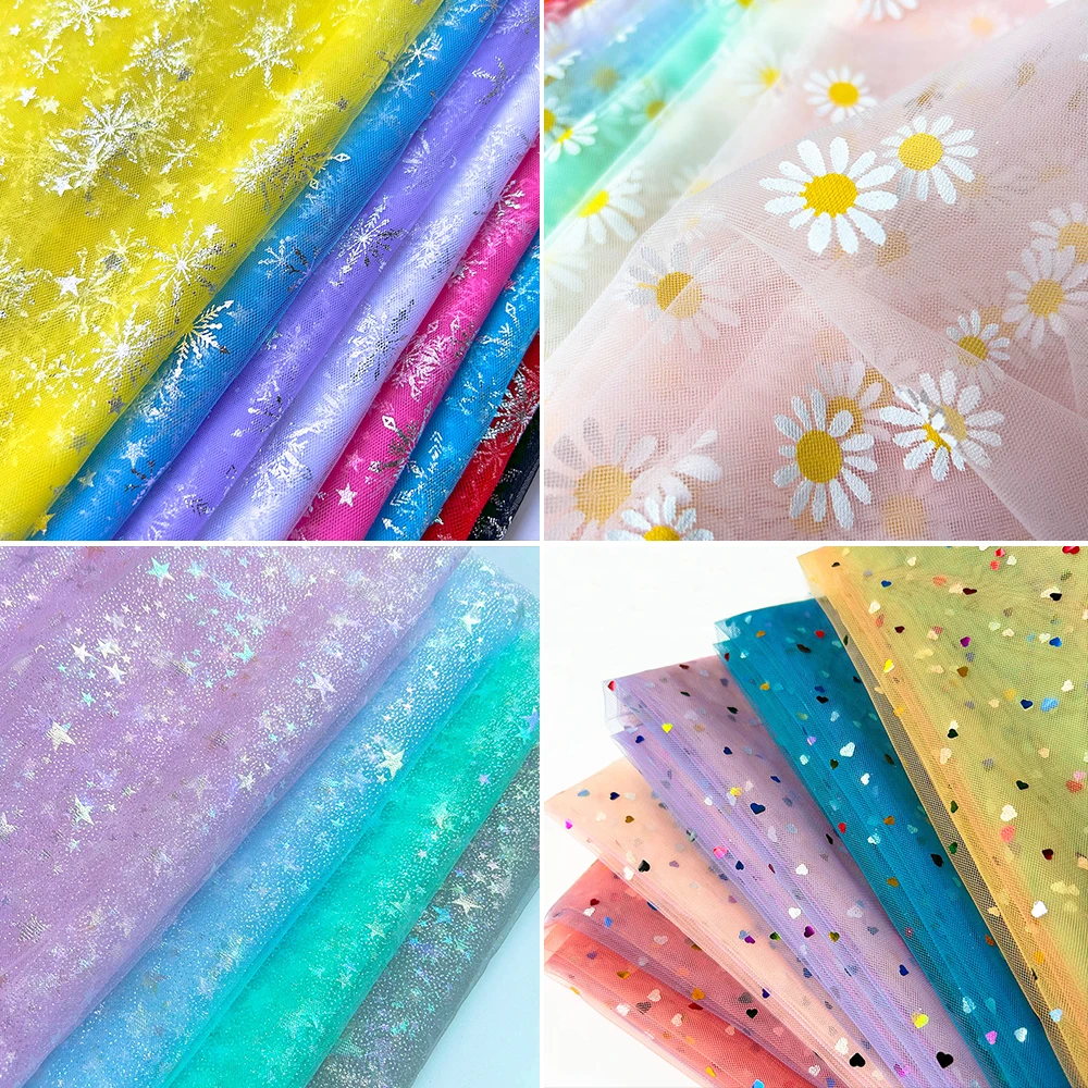 59 x 35in Fantasy Star/Love/Snowflake/Daisy/Star-Moon Rainbow Patterns Tulle Fabric For DIY Handmade Princess Tshirts Bows Dress