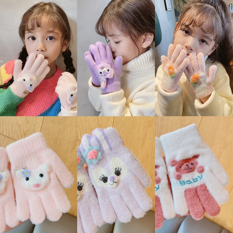 Winter New Baby Girls Sweet Soft Cartoon Knitted Yarn Keep Warm Gloves Children Lovely Five Finger Gloves Kids Fashion