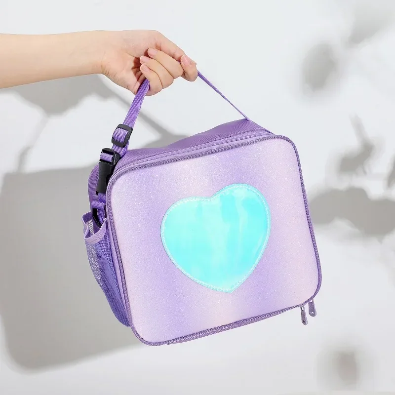 Lunch Bag Rainbow Loving Heart Laser Portable Large Bento Pouch for Children Girl Thermal Insulated Cooler Shoulder Picnic Box 5