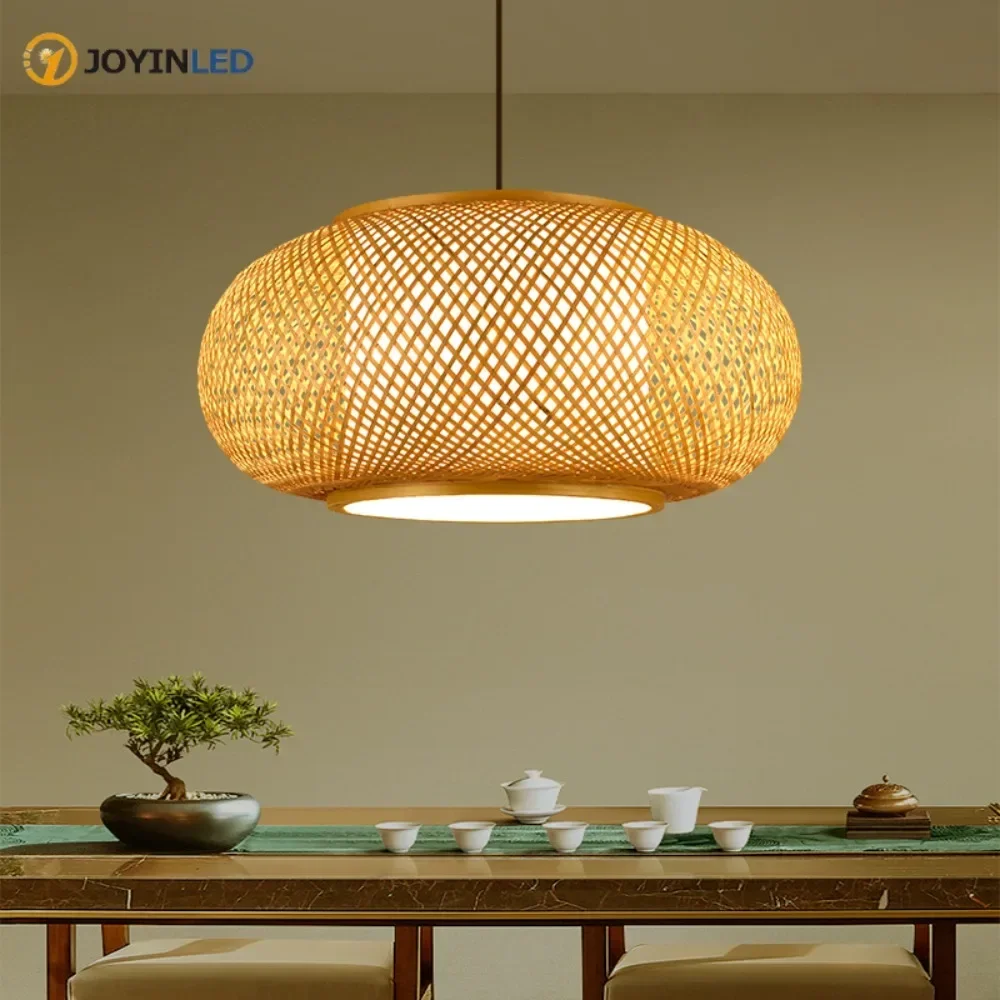 40-80cm Natural Bamboo Hand-woven Pastoral Tea Room Chandelier Lamp Restaurant Bedroom Light  Rattan Craft Pendant Lights
