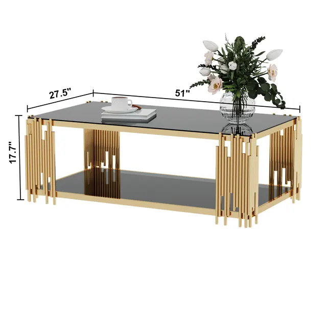 Modern Stainless Steel Rectangle Glass Coffee Table – Gold Legs