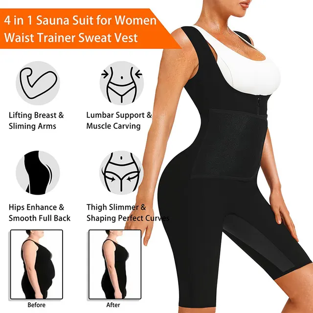 Sauna Suits for Women Full Body Waist Trainer Vest Workout Jumpsuits Slimming Body Shaper with Zipper and Breathable Crotch 4